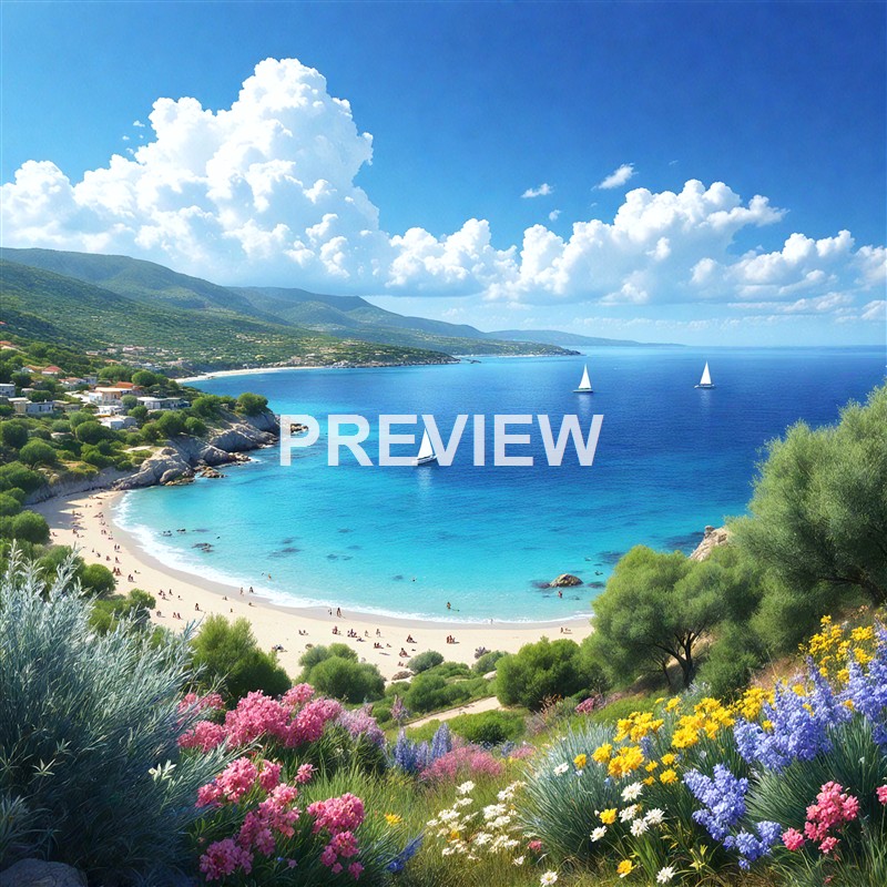 A scenic coastal landscape featuring a crescent-shaped beach with clear turquoise water, lush green trees and colorful flowers in the foreground, sailboats on the water, and mountains in the background under a partly cloudy sky.